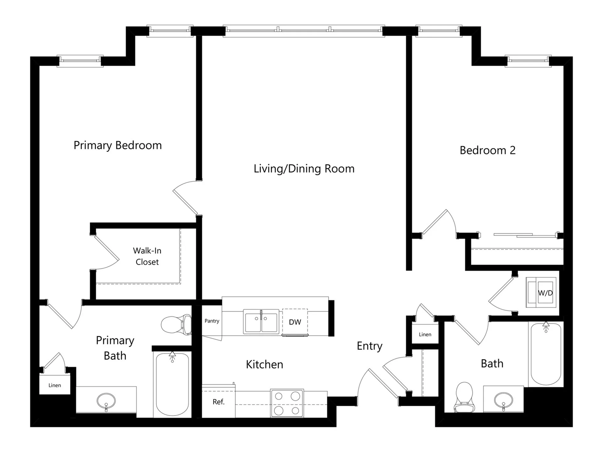 Modern 2-bedroom floor plan showcasing a spacious living/dining area, elegant kitchen, and luxurious primary suite with walk-in closet.