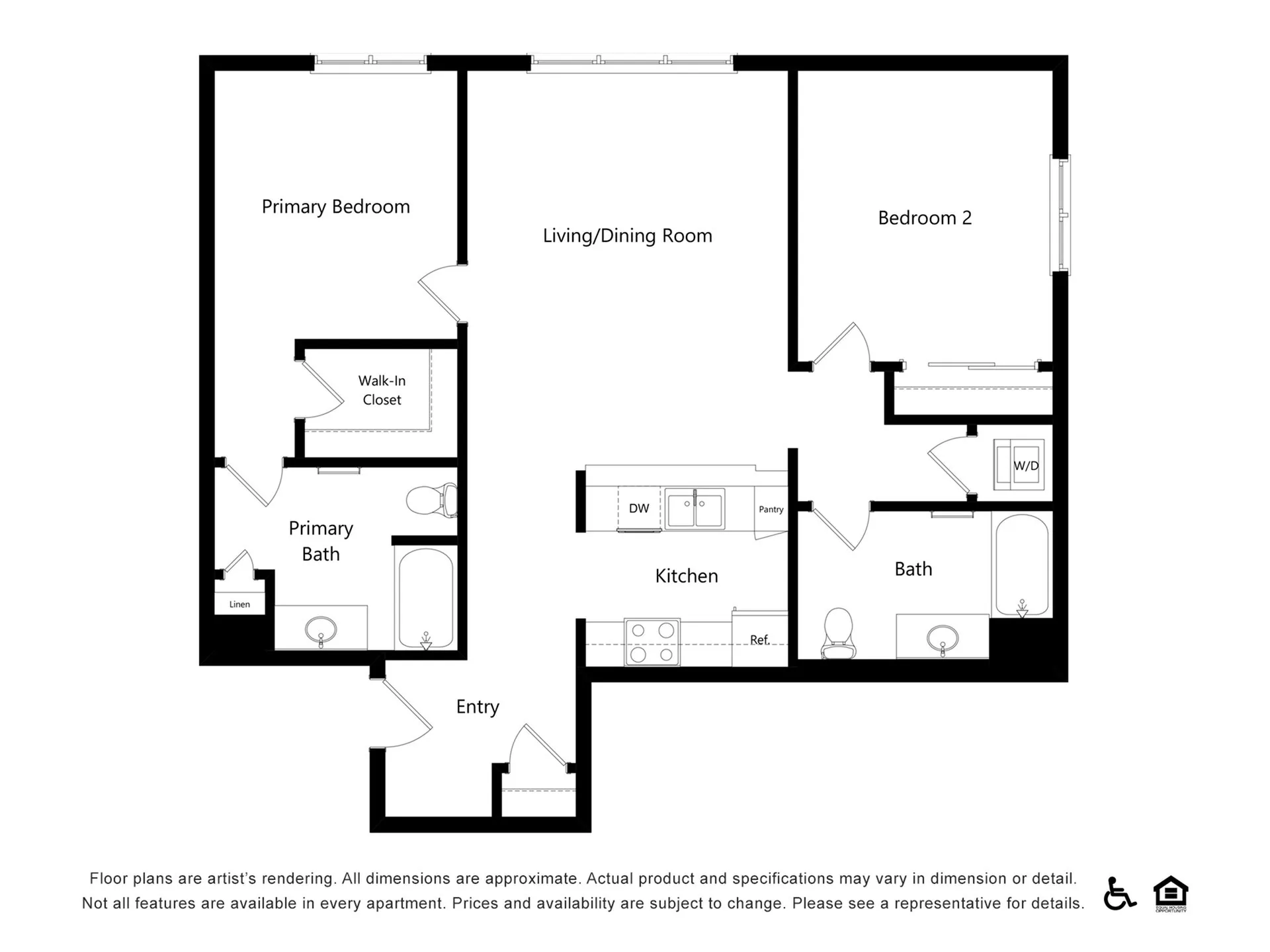 Elegant floor plan showcasing a spacious living/dining area, 2 bedrooms, modern kitchen, and primary bath with walk-in closet.