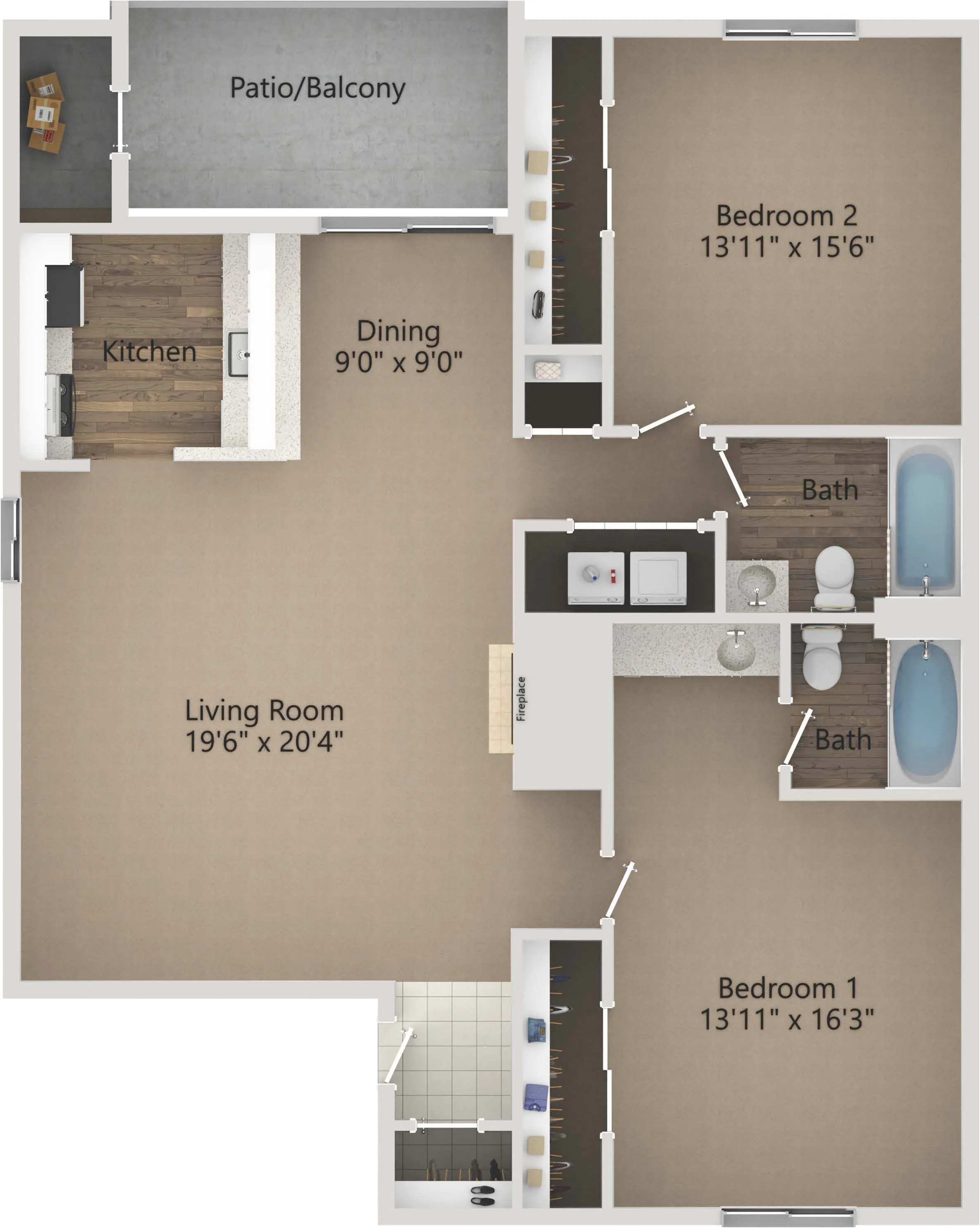 Modern 2-bedroom apartment floor plan featuring a spacious living room with fireplace, open kitchen, dining area, and patio. Includes 2 baths for convenience and accessibility.