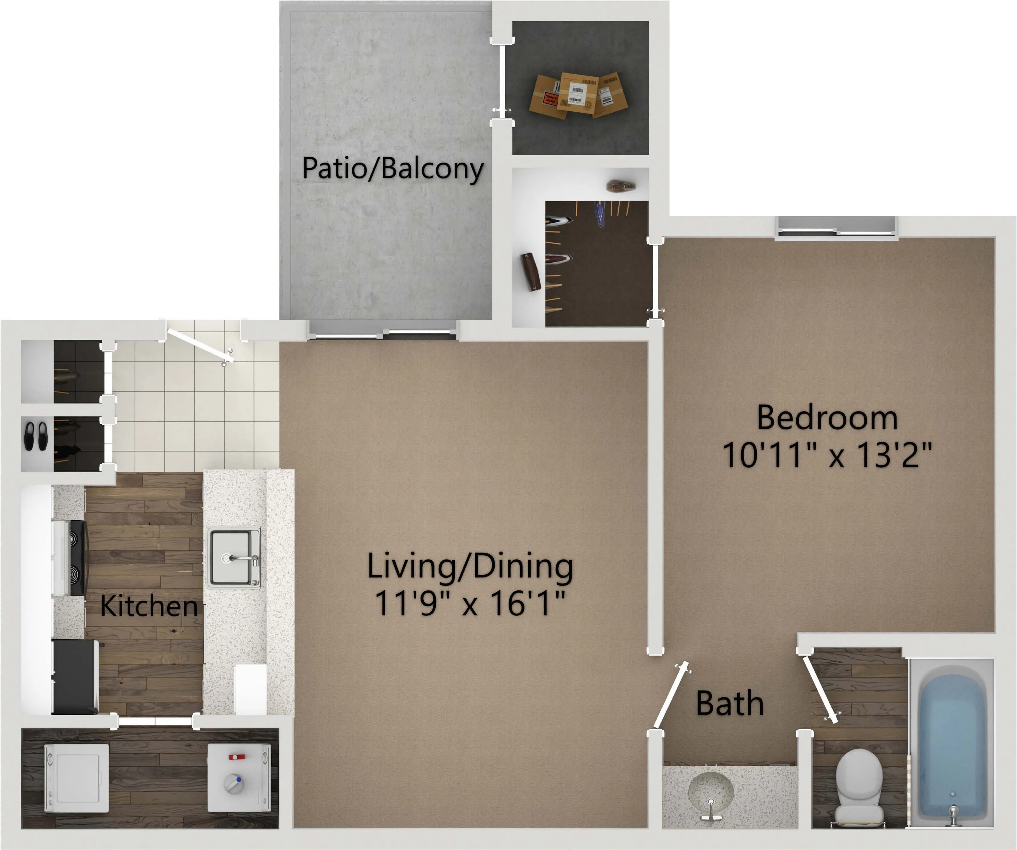 Charming floor plan featuring a spacious bedroom, modern kitchen, and inviting living/dining area with access to a stylish patio/balcony.