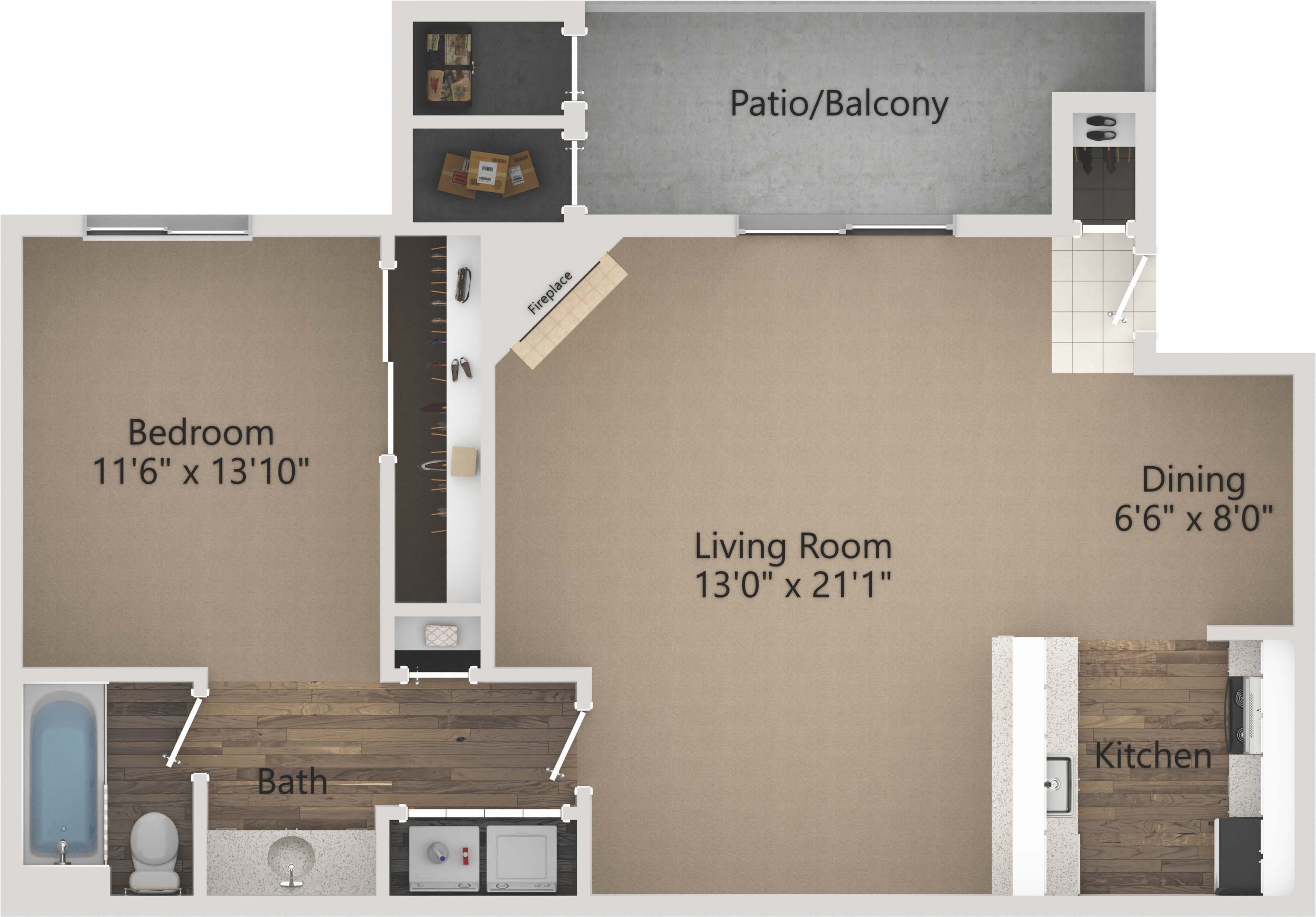 Elegant floor plan featuring a spacious living room with a fireplace, cozy bedroom, modern kitchen, and dining area, complete with a relaxing patio/balcony.