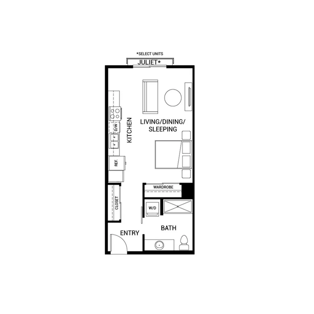 Efficient studio floor plan featuring an open kitchen, living, dining, and sleeping area with Juliet balcony access.