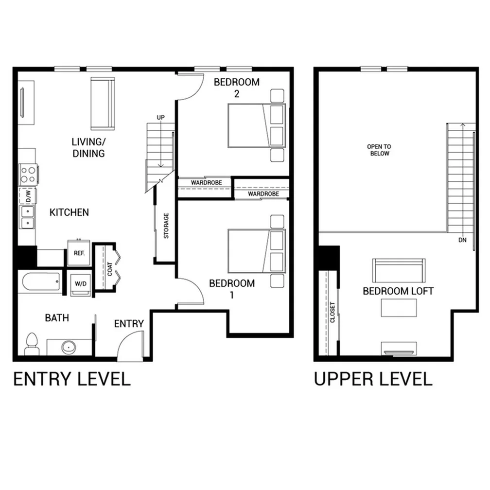 Modern two-story floor plan featuring 3 bedrooms, including a spacious loft, open-concept living and dining area, sleek kitchen, and a cozy bathroom.