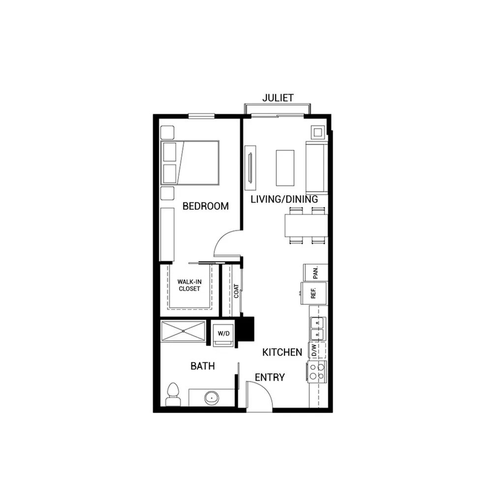 Modern apartment floor plan featuring one bedroom, a spacious living/dining area with Juliet balcony, a well-equipped kitchen, walk-in closet, and bath.
