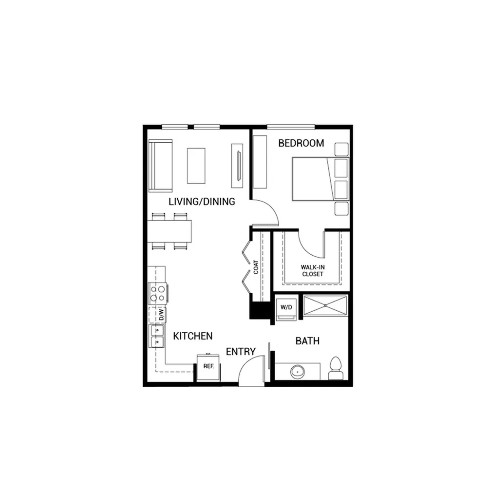 Modern floor plan showcasing a spacious 1-bedroom apartment with an open-concept living/dining area, a sleek kitchen, walk-in closet, and a stylish bathroom.