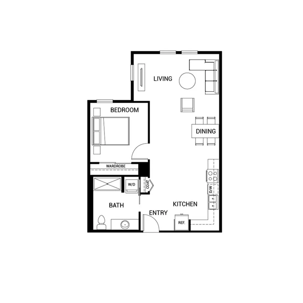 Modern 1-bedroom apartment floor plan with open living and dining area, sleek kitchen, and spacious bath.