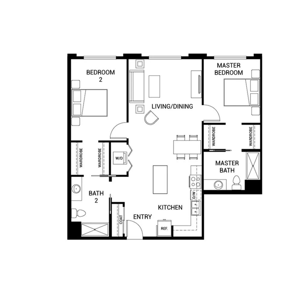Elegant floor plan featuring a master bedroom, second bedroom, open living and dining area, modern kitchen, and two bathrooms.