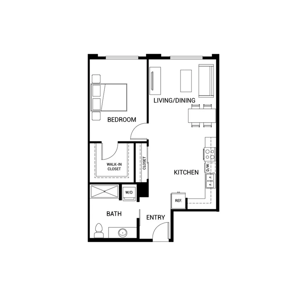 Modern 1-bedroom apartment floor plan featuring open living/dining area, spacious kitchen, walk-in closet, and convenient bathroom.
