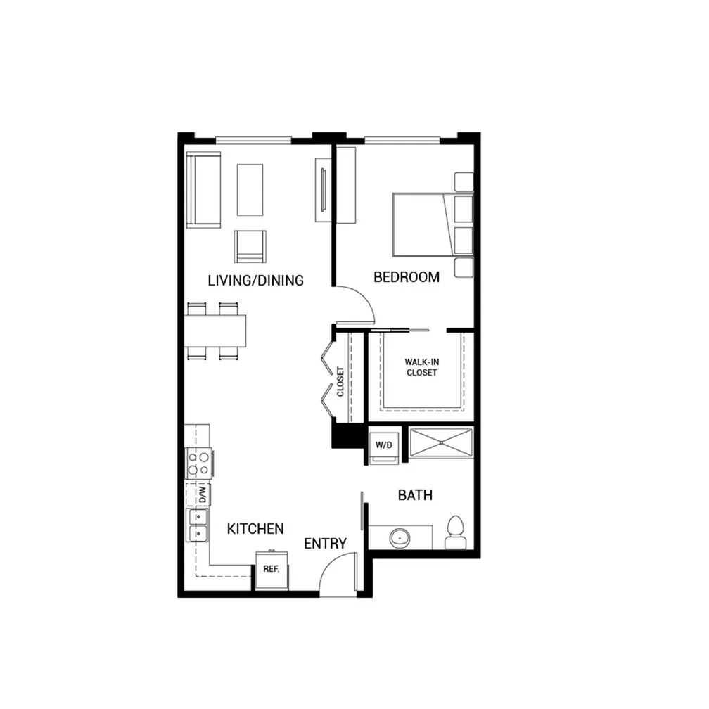 Modern open-concept floor plan featuring a spacious living/dining area, one bedroom with a walk-in closet, and a well-appointed kitchen.