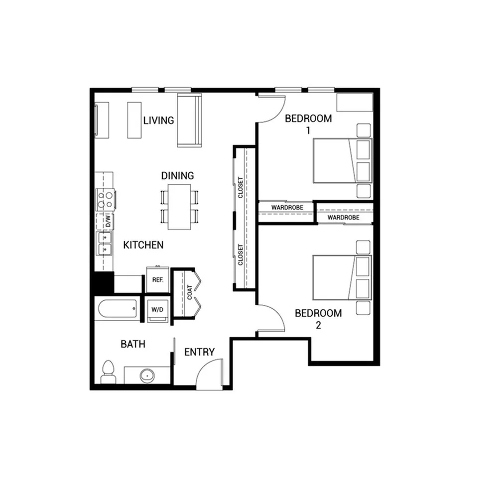 Modern floor plan featuring 2 spacious bedrooms, an open kitchen with dining area, cozy living space, and a well-appointed bath.