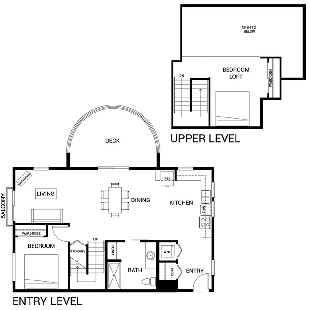 Modern townhouse floor plan showcasing a two-level design with a loft bedroom, spacious living area, dining room, and kitchen opening to a large deck. Includes convenient storage and a stylish bathroom layout.