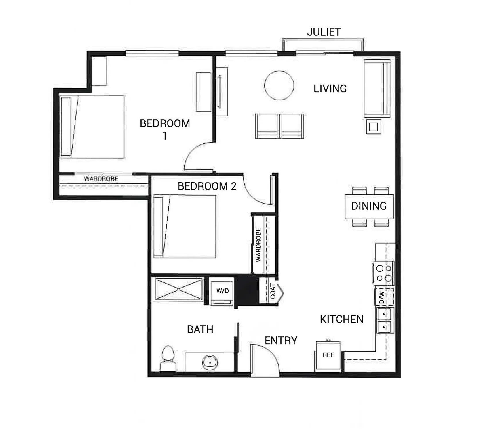 Inviting floor plan featuring 2 bedrooms, modern kitchen, dining area, and cozy living space with Juliet balcony.