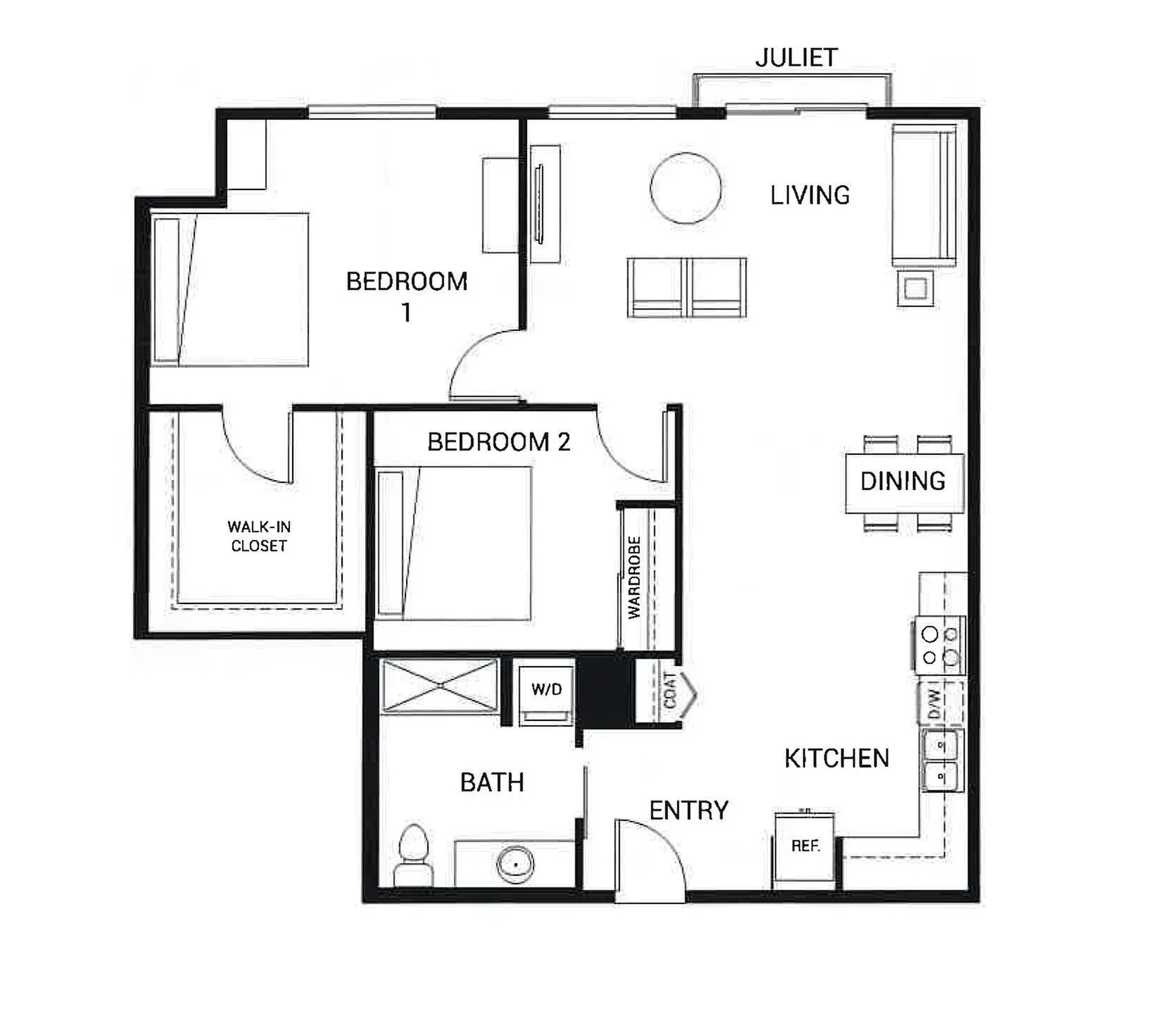 Modern apartment floor plan featuring 2 spacious bedrooms, open-concept living and dining area, functional kitchen, and a walk-in closet.
