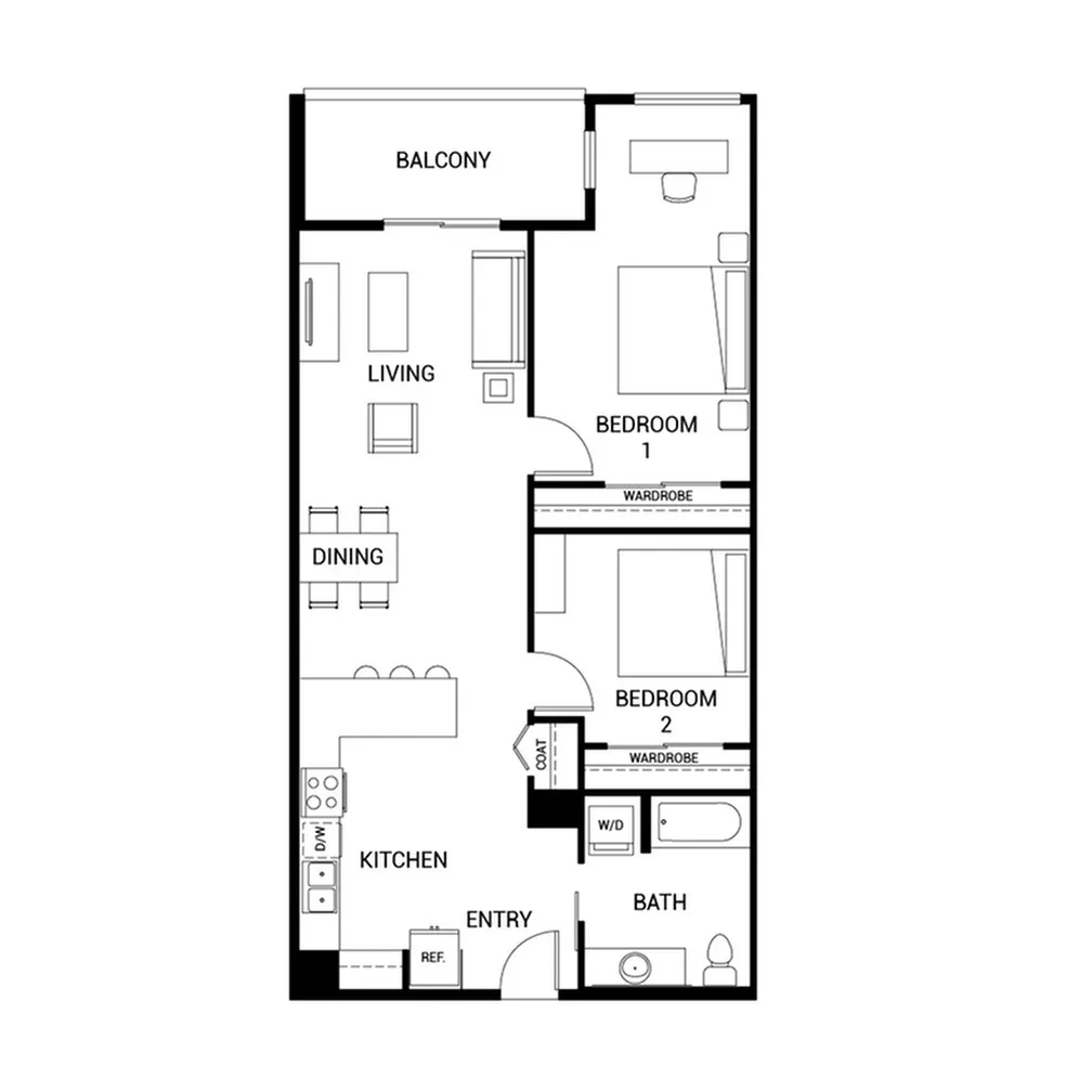 Modern floor plan showcasing two bedrooms, a spacious living and dining area, a stylish kitchen, and a balcony.