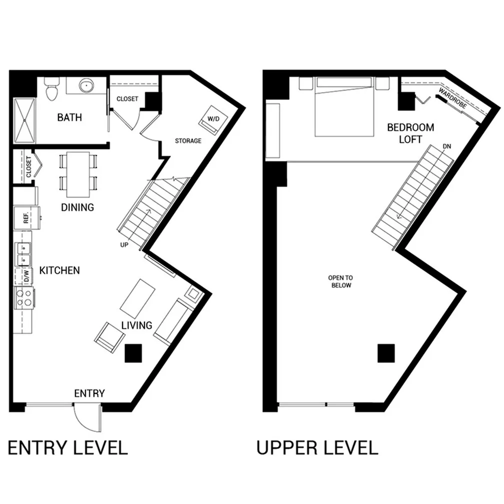 Contemporary two-level floor plan featuring an upper-level bedroom loft, open living and dining spaces, modern kitchen, and ample storage.