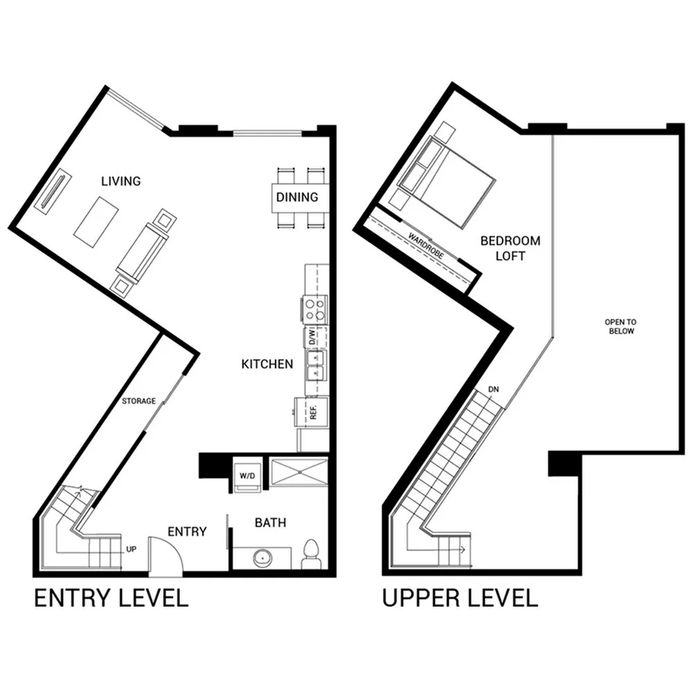 Modern two-level floor plan with a spacious living and dining area, open kitchen, and a chic bedroom loft.