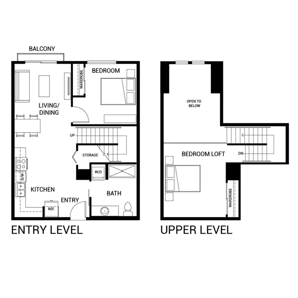 Modern dual-level floor plan featuring a bedroom and open living/dining area with a balcony on the entry level, plus a spacious bedroom loft and open space above.