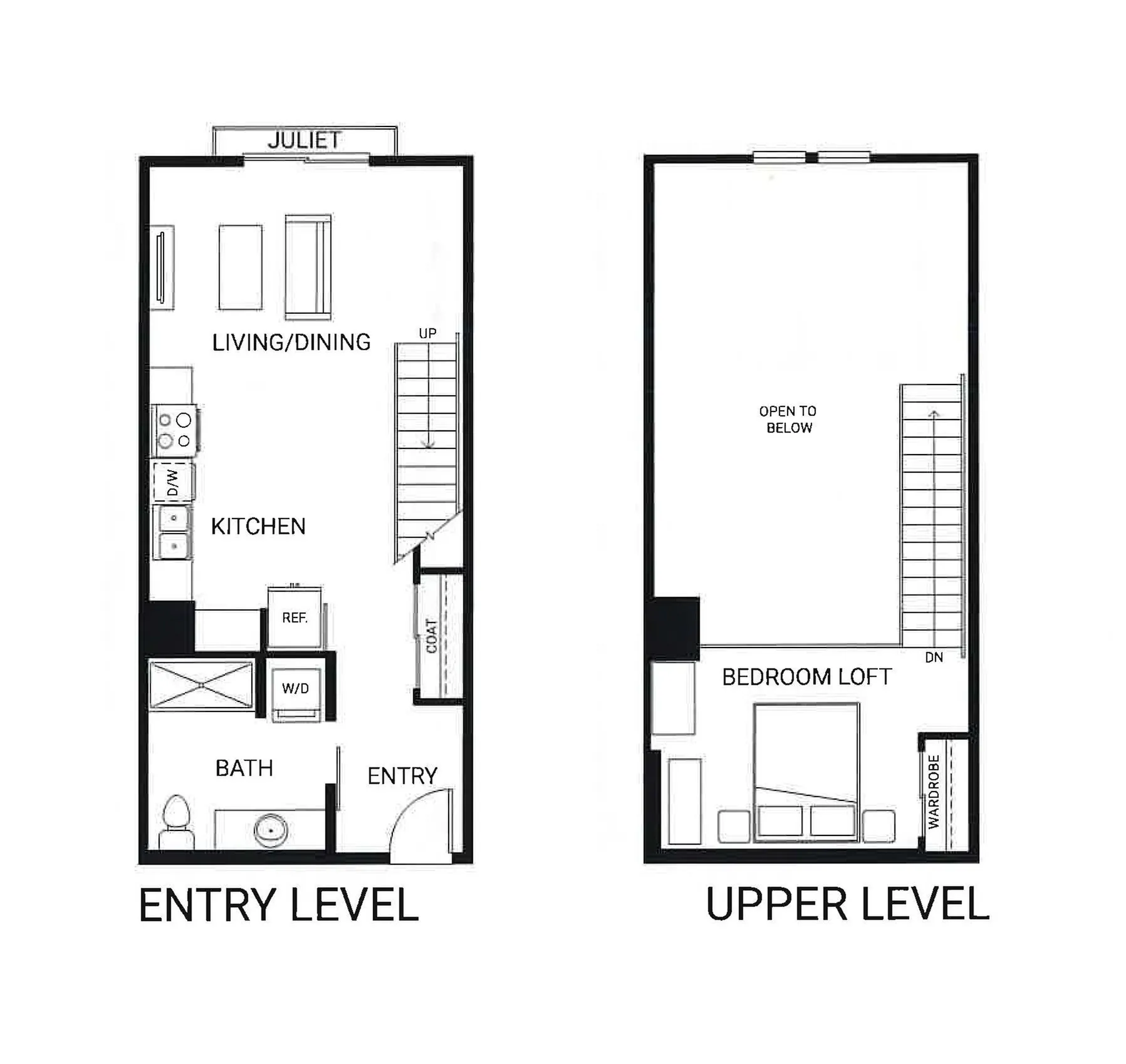 Contemporary two-level floor plan with an open-concept entry featuring a kitchen, living/dining area, and convenience bath. Upper level offers a spacious bedroom loft and open space below, ideal for modern living.