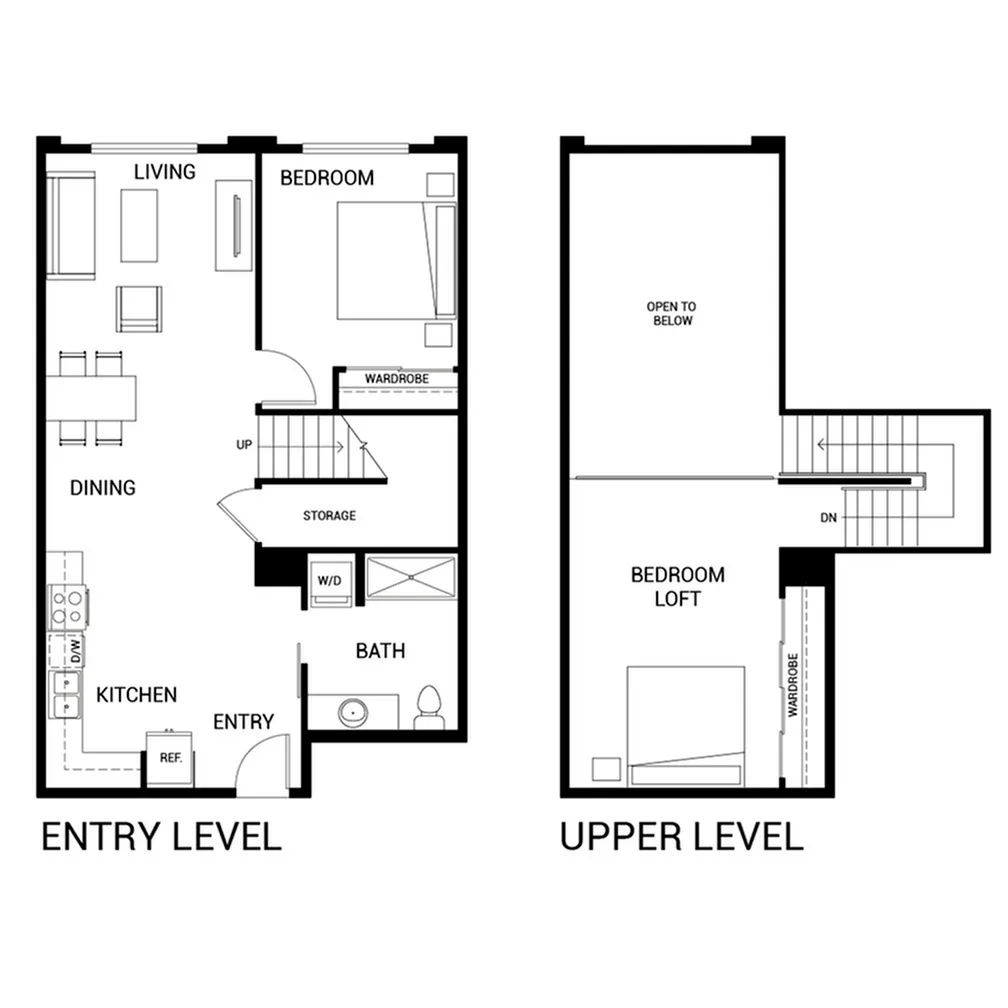 Modern two-level apartment floor plan featuring an open-concept living and dining area, a bedroom on the entry level, and a spacious upper-level loft bedroom.