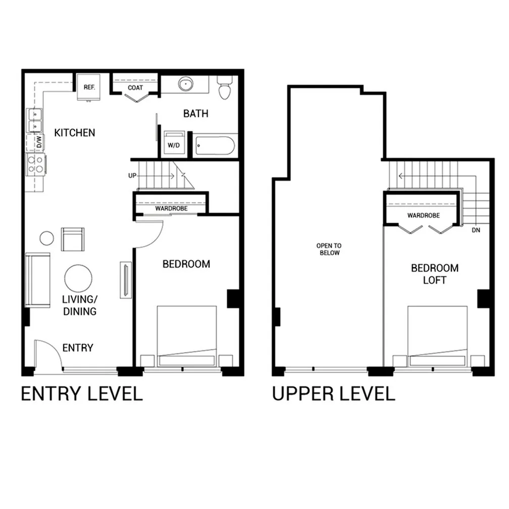 Charming floor plan with entry level featuring a cozy bedroom, modern kitchen, and inviting living/dining area. Upper level boasts an airy bedroom loft with open view.