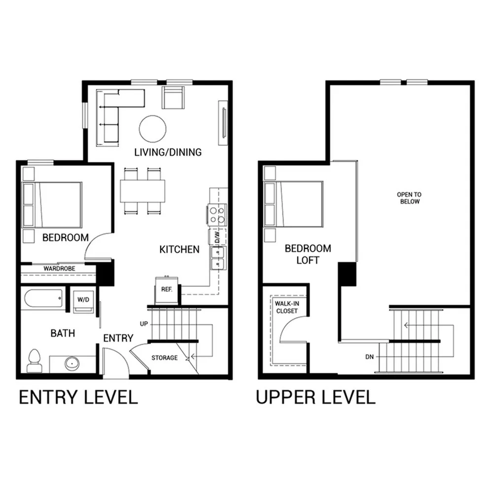 Modern two-level floor plan with spacious bedroom loft, open living/dining area, stylish kitchen, and convenient storage solutions.