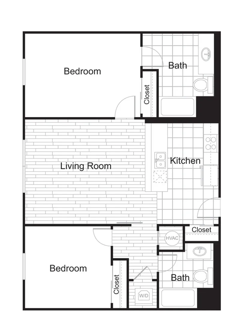 Contemporary floor plan showcasing 2 bedrooms, 2 baths, and an expansive open living area with adjacent kitchen.