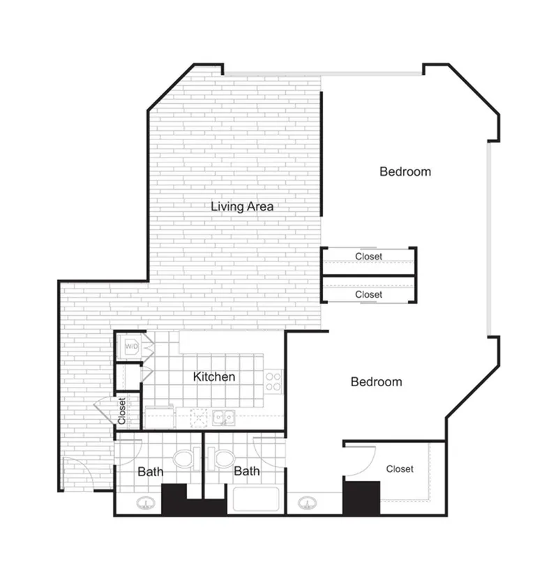 Elegant floor plan showcasing two spacious bedrooms, a modern kitchen with convenient laundry area, and an inviting living space.