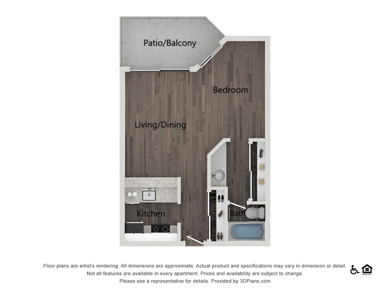 Modern studio apartment floor plan with a spacious living/dining area, efficient kitchen, and private patio/balcony.