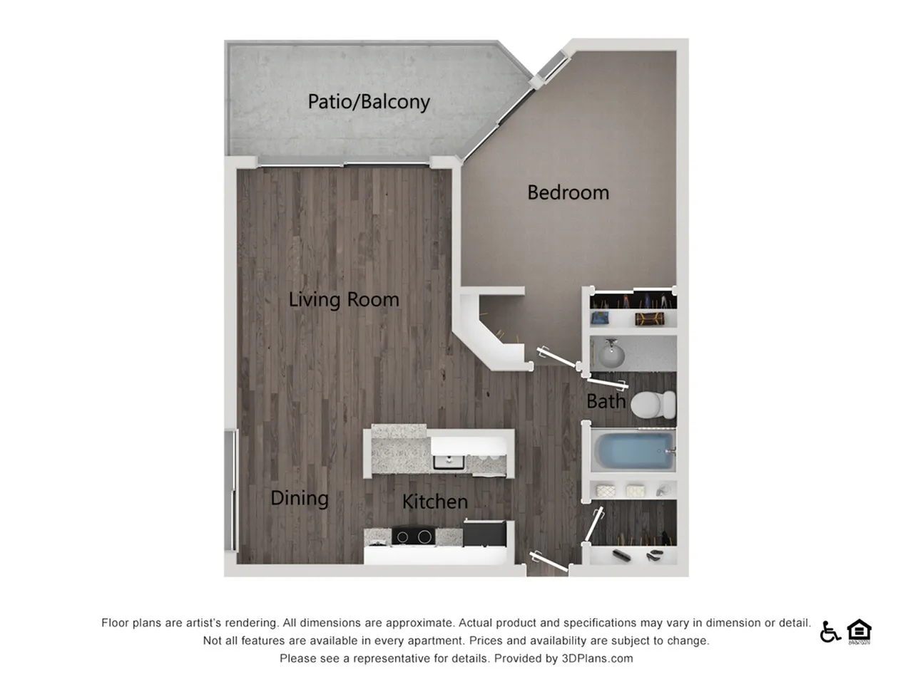 Elegant 1-bedroom floor plan featuring a modern kitchen, open-concept living and dining area with a sleek patio/balcony.