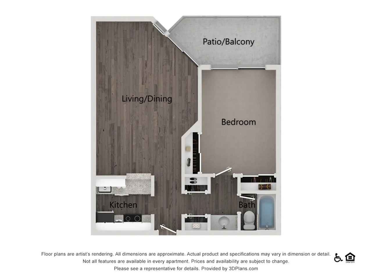 Contemporary floor plan showcasing a spacious 1-bedroom apartment with open living/dining area, modern kitchen, bathroom, and private patio/balcony.