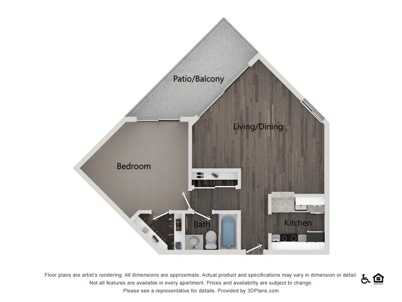 Chic 1-bedroom floor plan with modern kitchen, spacious living/dining area, and private patio/balcony.
