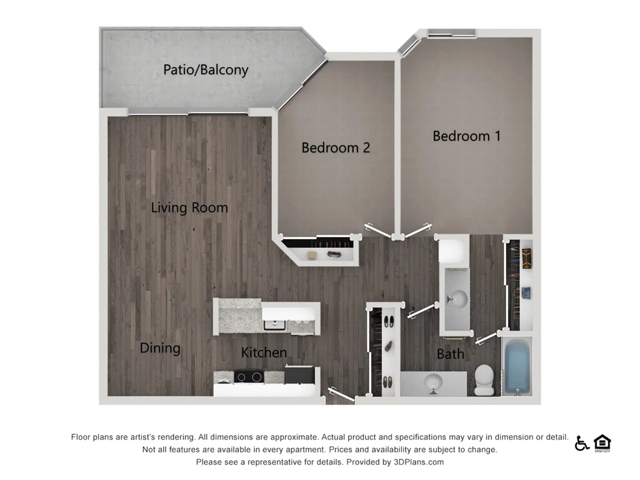 Modern floor plan featuring 2 bedrooms, spacious living room with dining area, kitchen, bath, and a patio/balcony for outdoor relaxation.