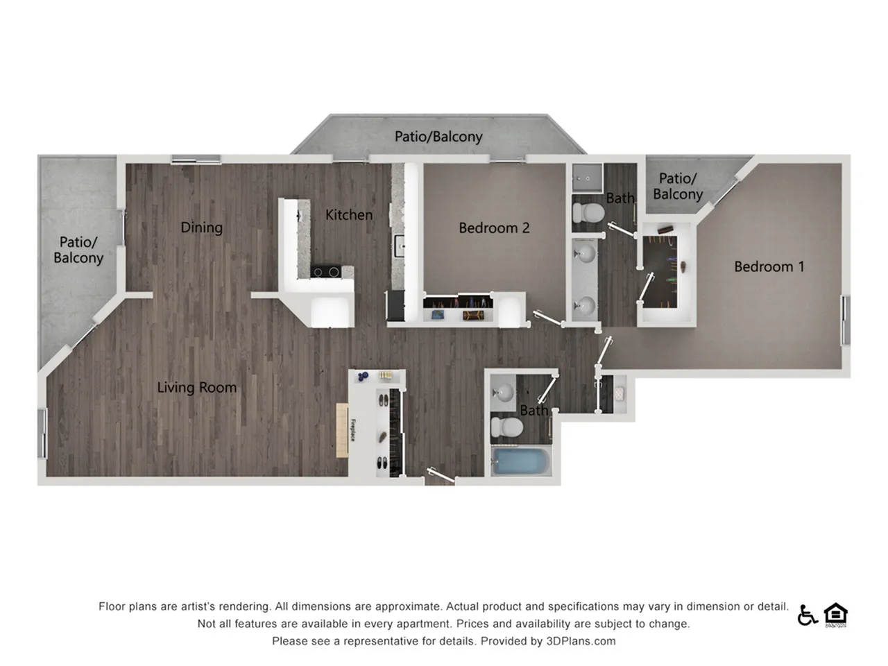 Modern apartment floor plan featuring 2 bedrooms, 2 baths, spacious living and dining areas, and multiple patios.