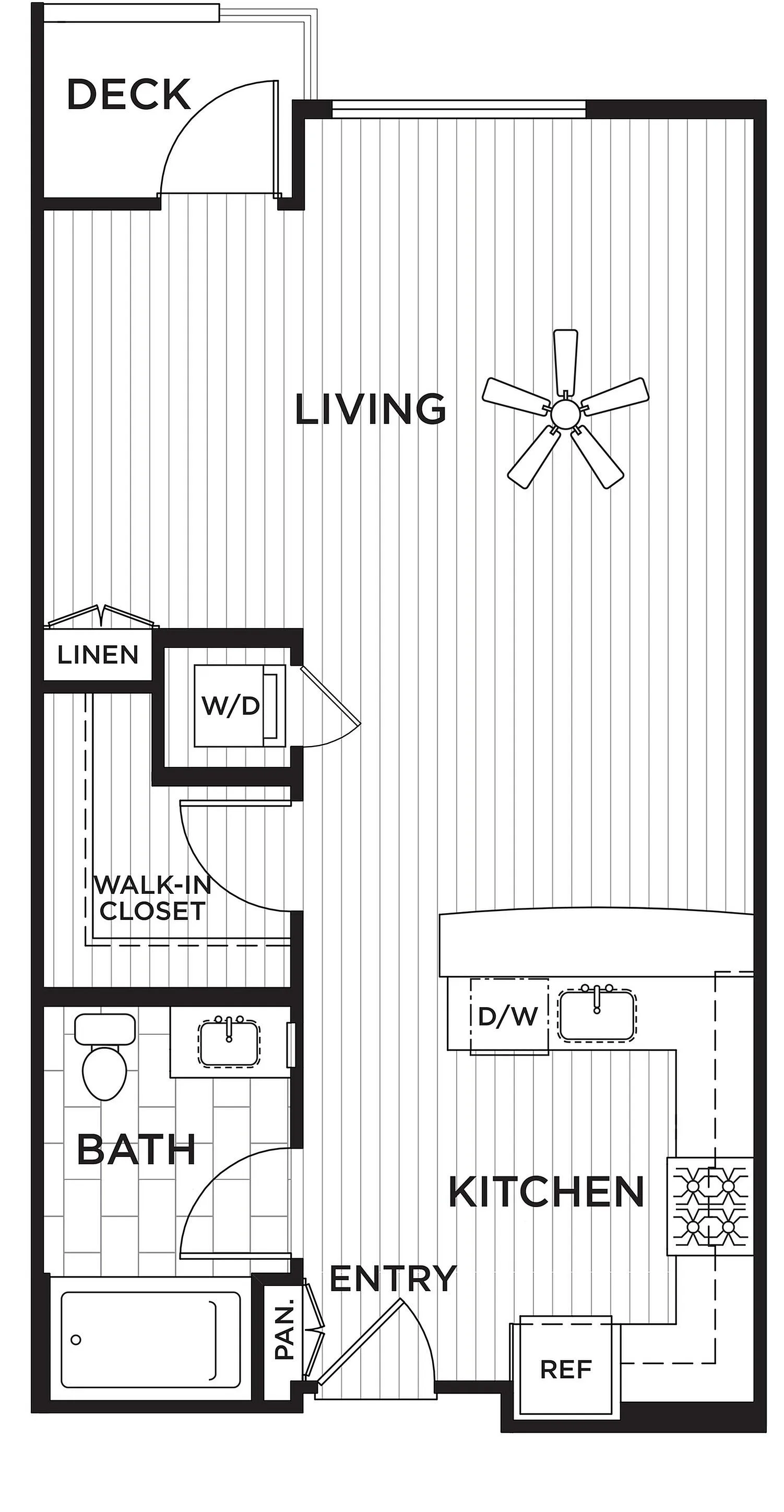 Modern floor plan featuring an open living area with deck access, sleek kitchen, and elegant bathroom with walk-in closet.