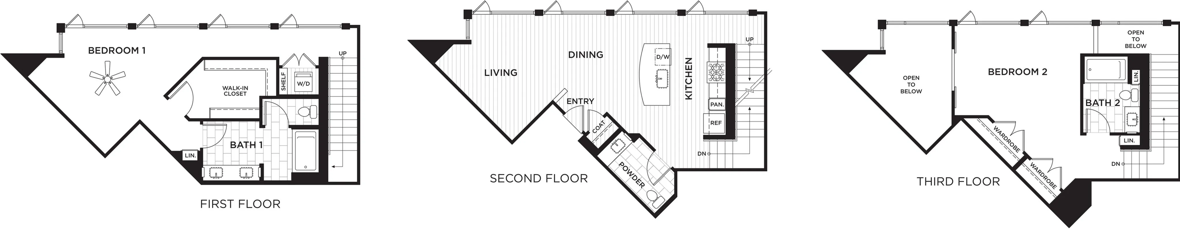 Chic tri-level floor plan with 2 spacious bedrooms, modern kitchen, and elegant living-dining space.