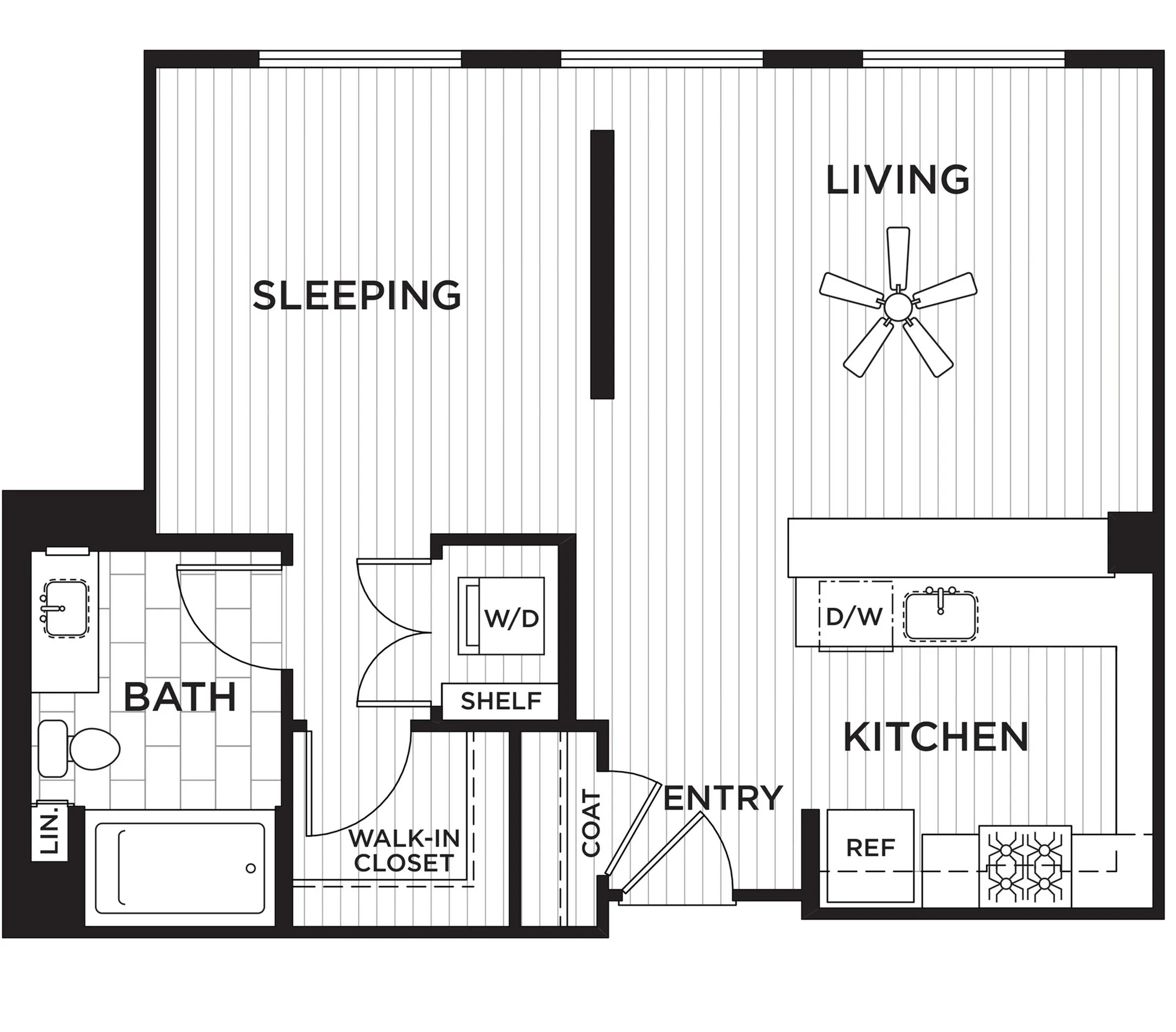 Modern floor plan featuring an open-concept living and kitchen area, spacious sleeping space, and a contemporary bath with walk-in closet.