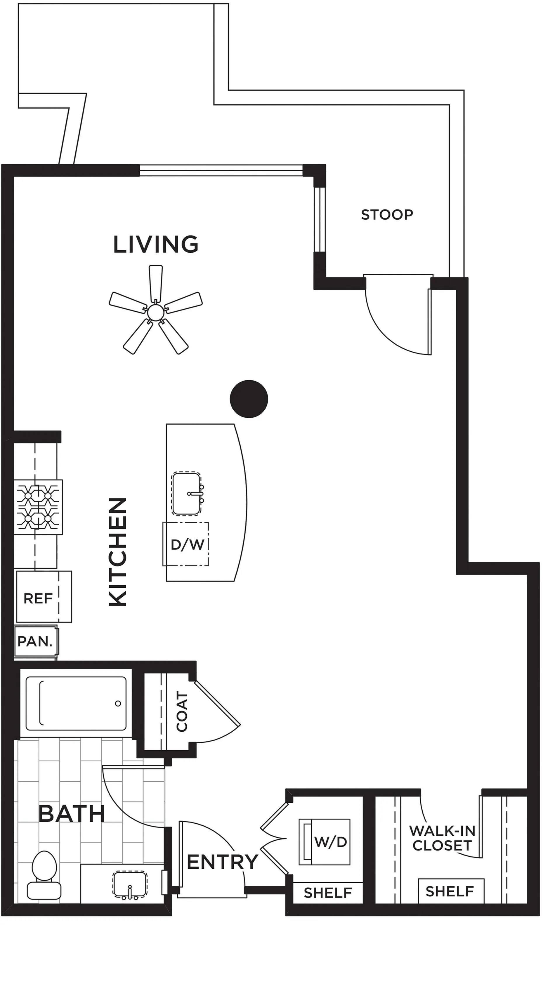 Elegant 1-bedroom floor plan featuring an open living area, modern kitchen with island, spacious bathroom, and walk-in closet.