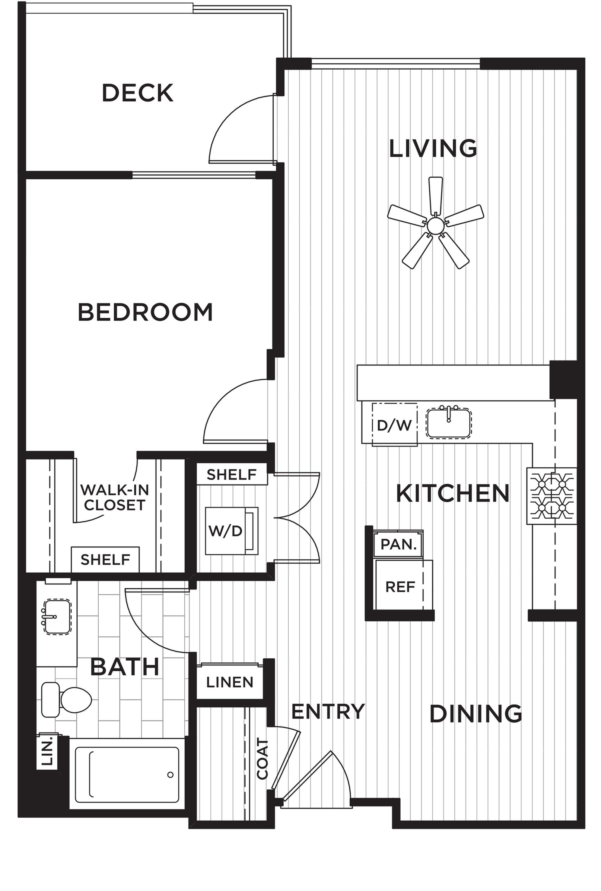 Charming 1-bedroom apartment floor plan with open-concept living and kitchen area, cozy deck, and spacious walk-in closet.