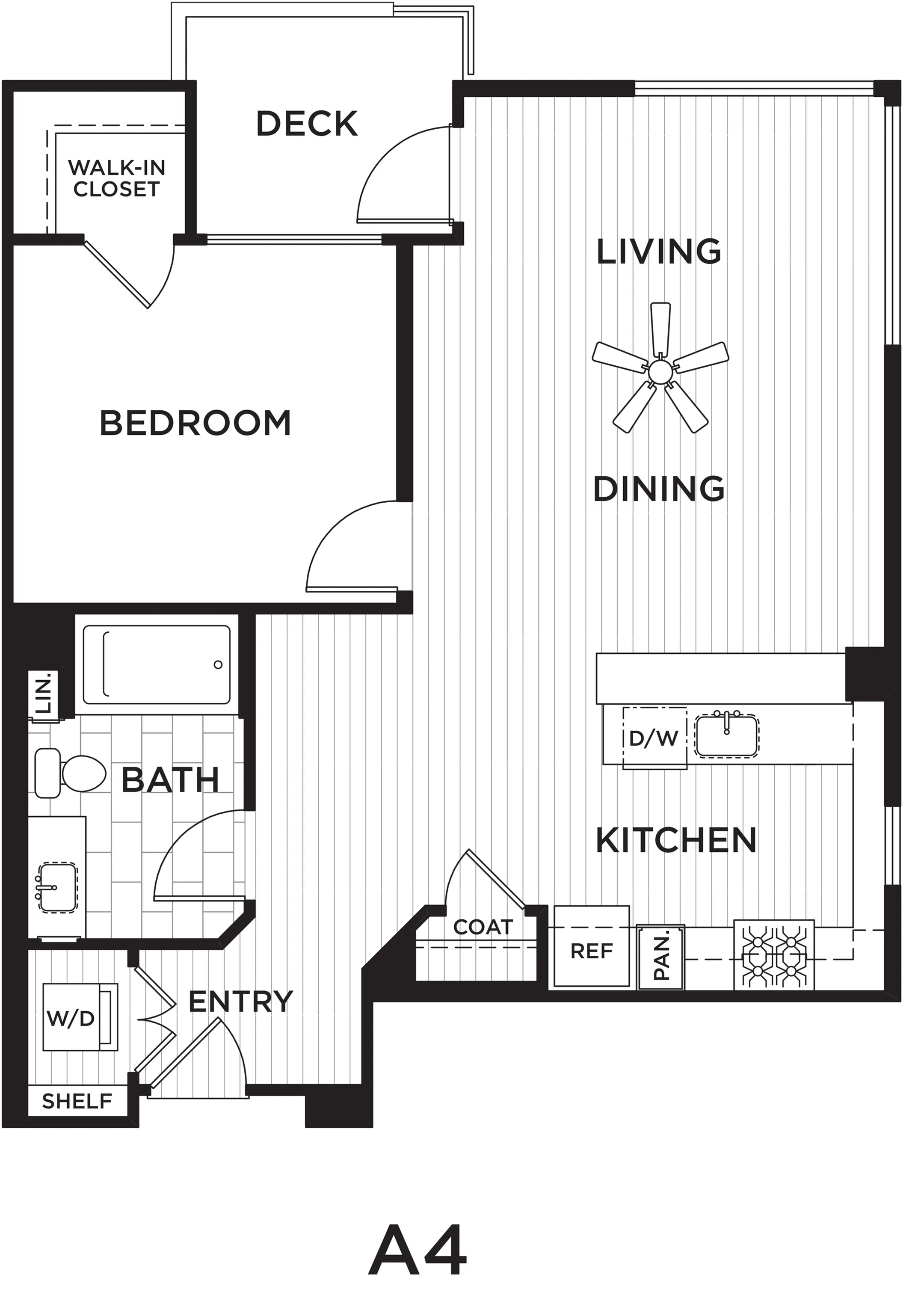 Inviting floor plan A4 displaying a spacious 1-bedroom apartment with an open-concept living and dining area, modern kitchen, and private deck.