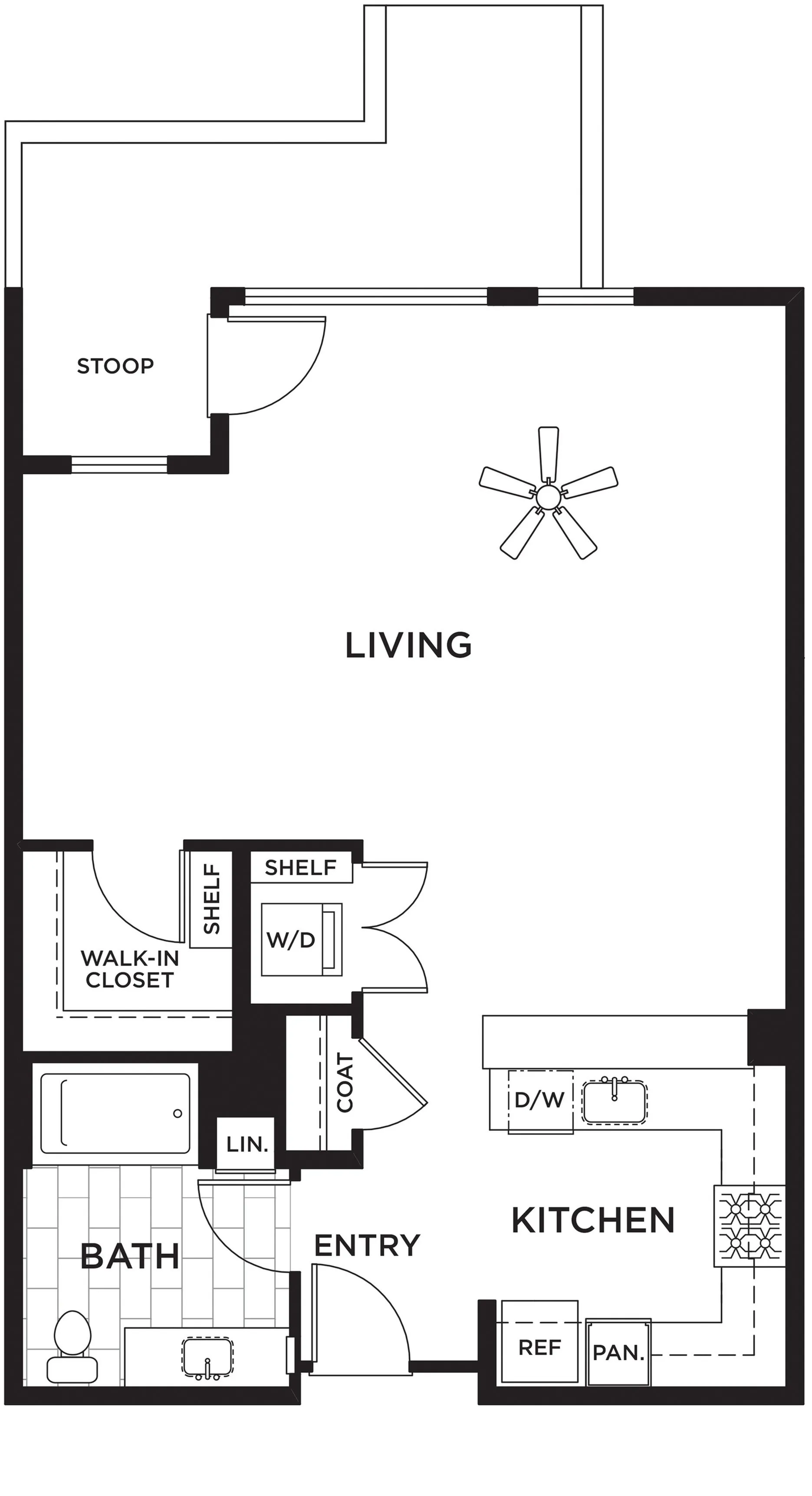 Modern studio apartment floor plan featuring an open living area, spacious kitchen, and convenient walk-in closet.