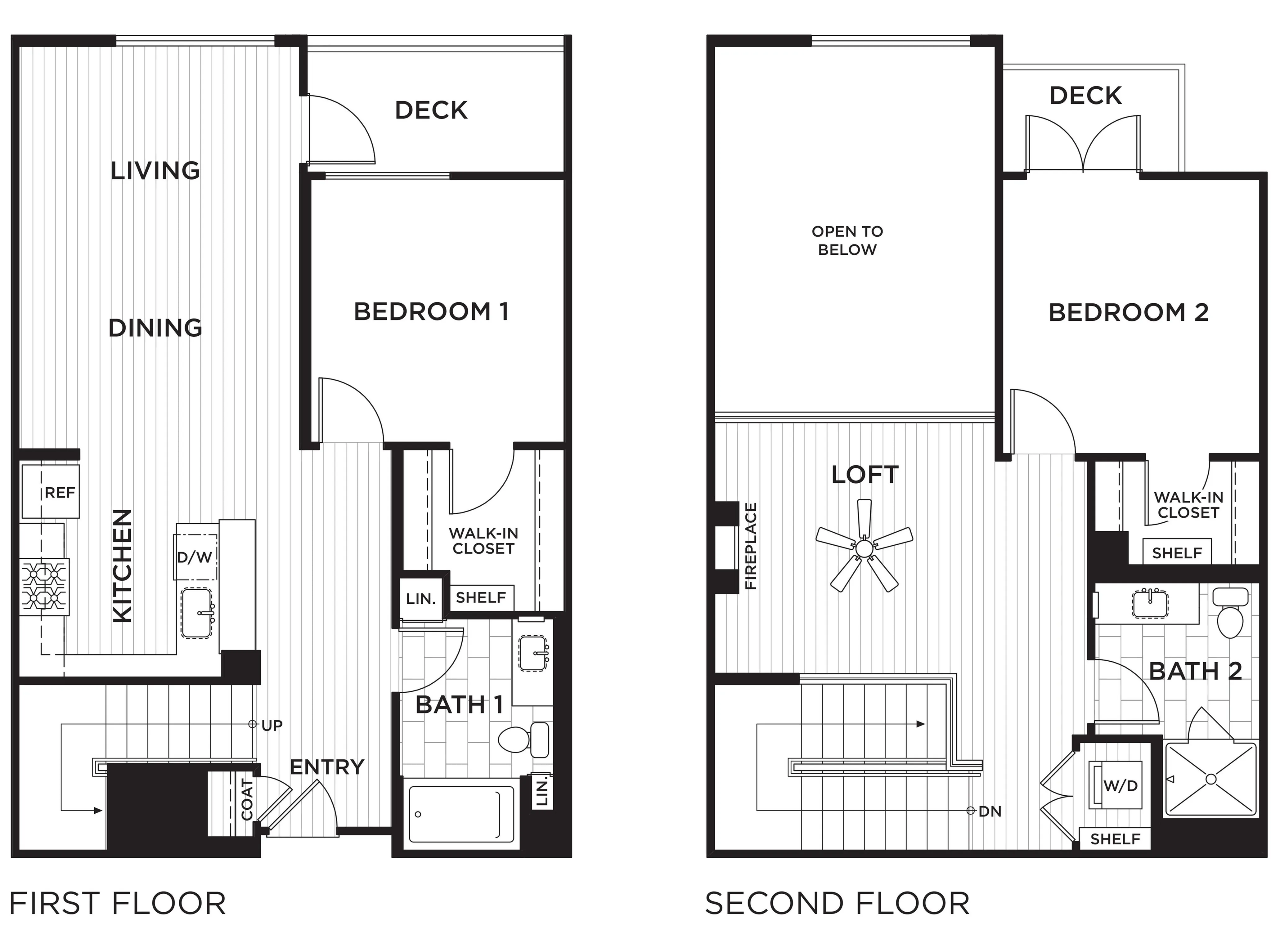 Contemporary duplex floor plan featuring 2 bedrooms, a versatile loft space, and two outdoor decks, perfect for modern living.