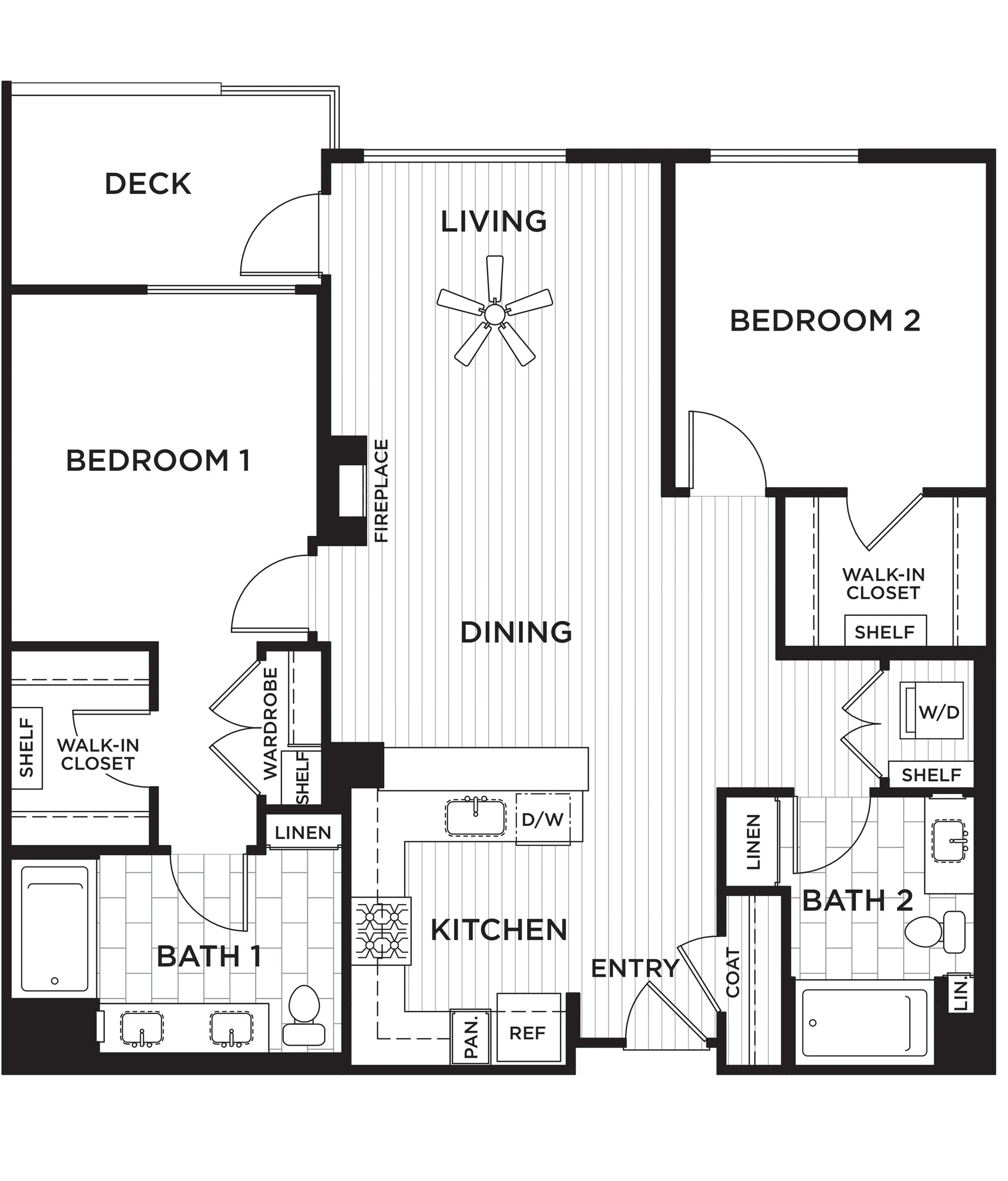 Modern floor plan showcasing 2 bedrooms, an open living and dining area, fully equipped kitchen, 2 bathrooms, and a private deck.