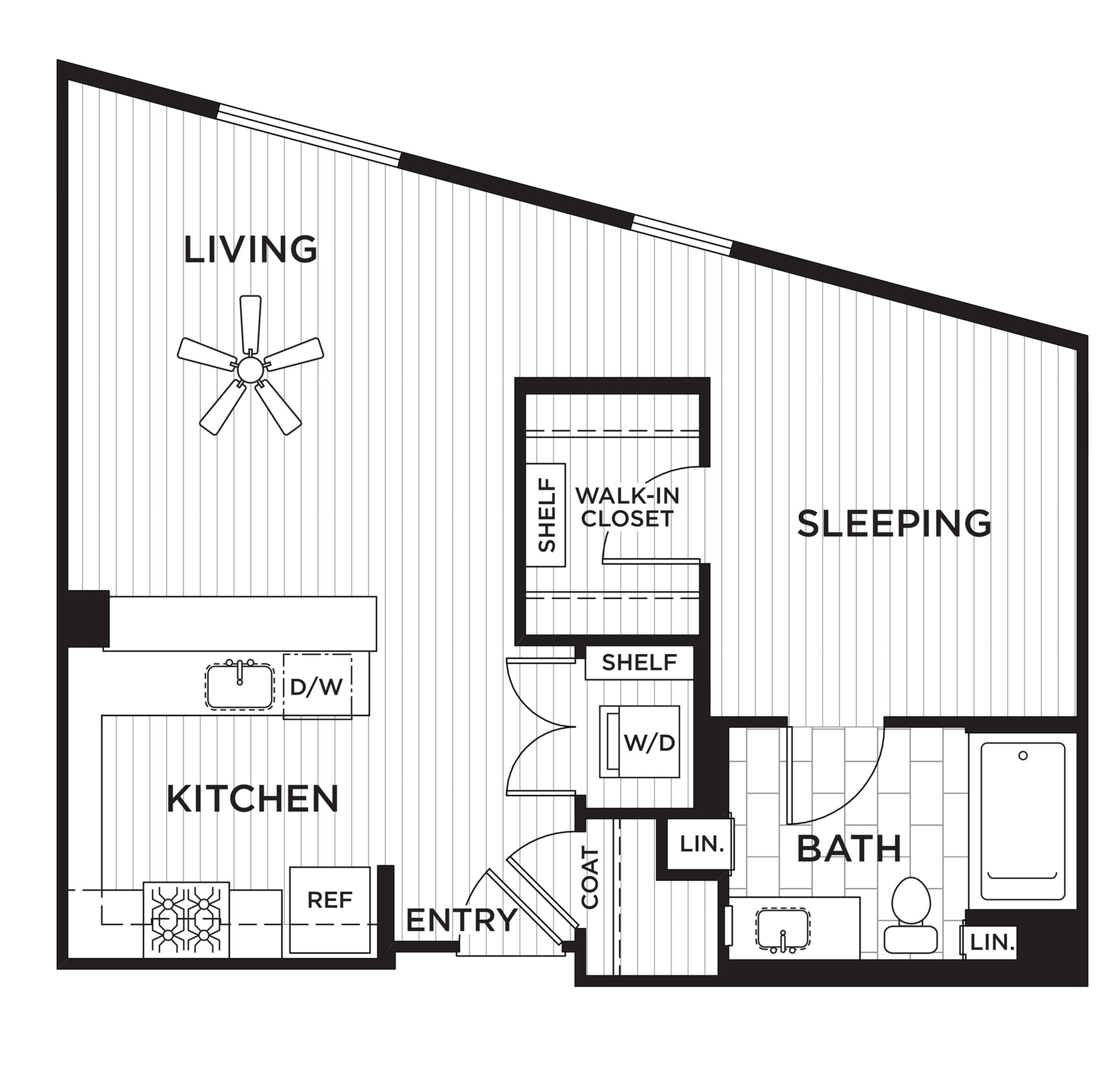 Elegant floor plan showcasing an open-concept living space with a stylish kitchen, expansive sleeping area, and a convenient walk-in closet.