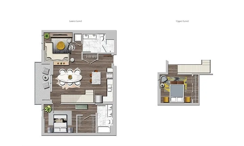 Modern dual-level floor plan featuring an open-concept lower level with dining and living areas, and a private upper-level bedroom retreat.