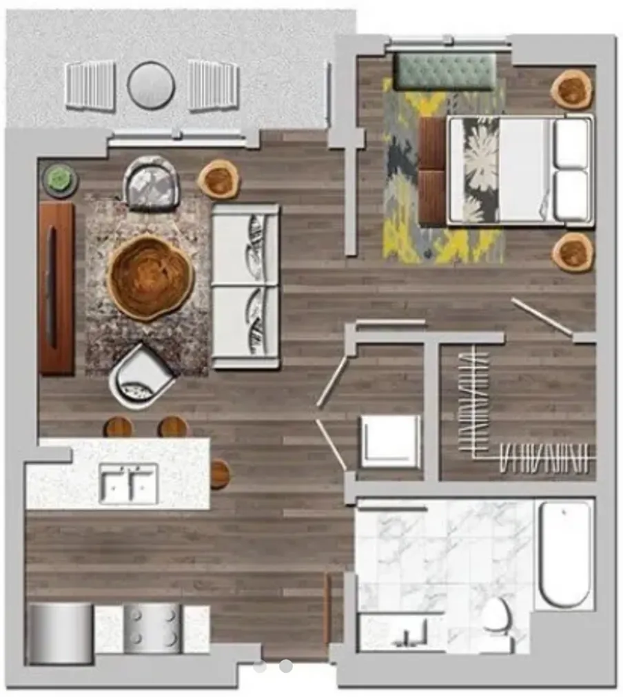Modern 1-bedroom floor plan with open-concept living area, cozy kitchen, and elegant bathroom.