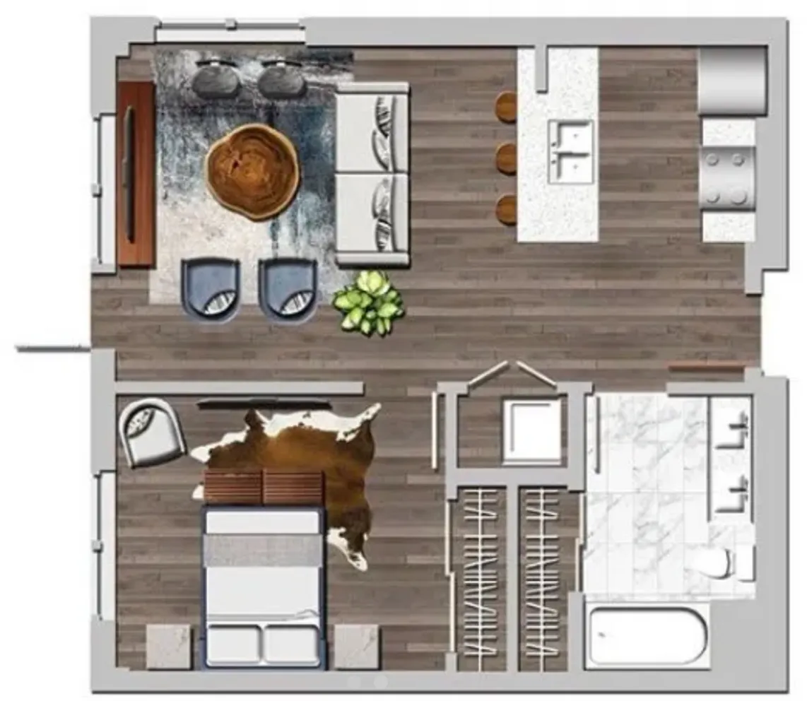 Contemporary floor plan showcasing an open-concept living area with stylish furnishings, a modern kitchen with a breakfast bar, a cozy bedroom, and a luxurious bathroom.
