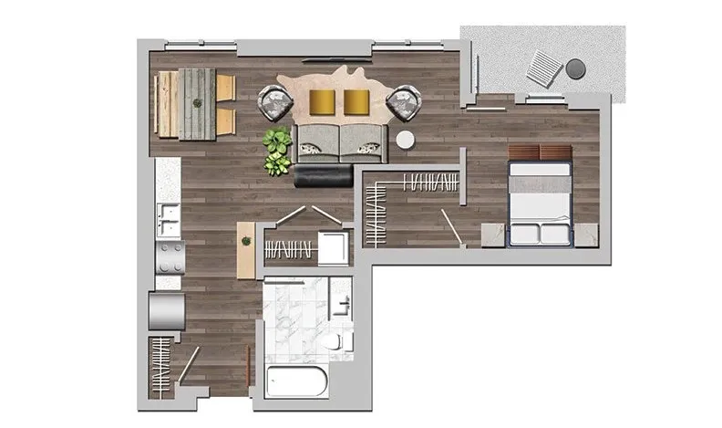 Modern floor plan featuring a cozy 1-bedroom layout with an open-concept living and dining area, well-appointed kitchen, stylish bathroom, and spacious balcony.