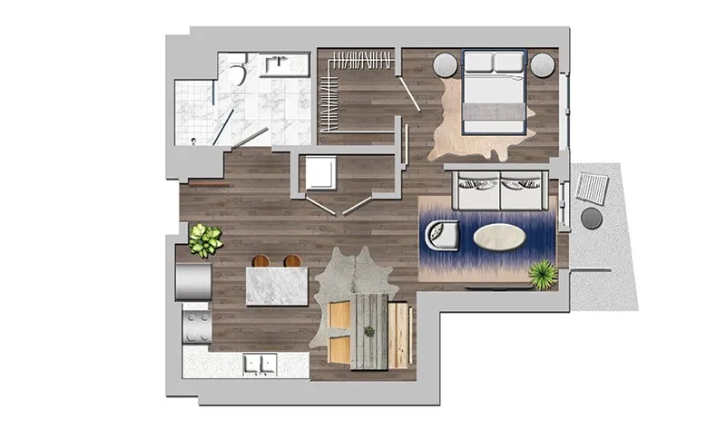 Modern floor plan showcasing a cozy 1-bedroom apartment with open-concept living, stylish kitchen, and bright living area with patio access.