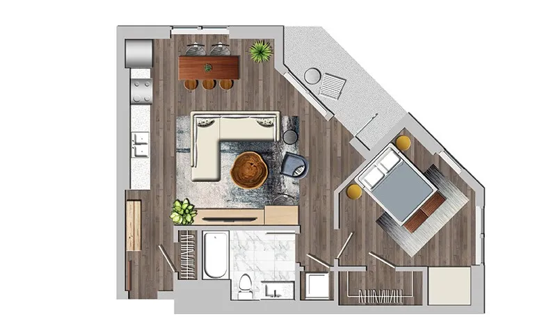 Contemporary 1-bedroom apartment floor plan featuring an open-concept living room, modern kitchen, and inviting balcony.