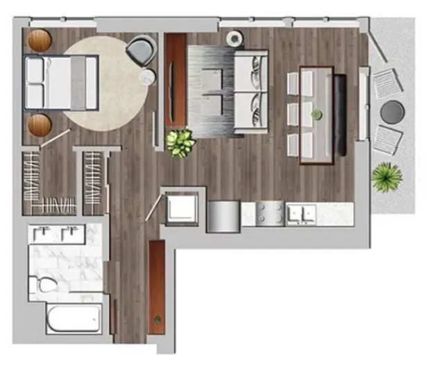 Contemporary floor plan showcasing a cozy 1-bedroom apartment with open-concept kitchen and living area, stylish dining space, modern bathroom, and a charming patio.